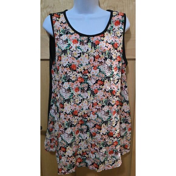 Floral Print Sleeveless Top By Betseys Boutique Shop L Black & Multicolor - Picture 1 of 7